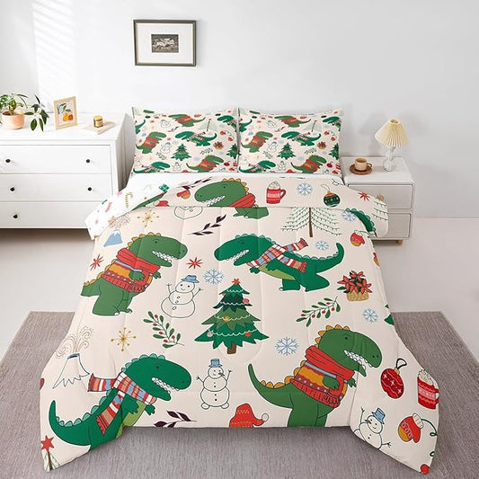 Erosebridal Cartoon Dinosaur Comforter Set for Kids Boys Girls,Xmas Dino Bedding Full,Winter Snowman Tree Flower Comforter Sets,Merry Christmas Duvet Insert with 2 Pillowcases Bedroom Decor