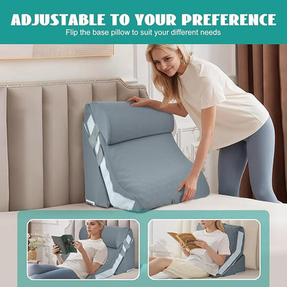 3PCS Wedge Pillow Set for After Surgery, Wedge Pillow for Acid Reflux Relief, Adjustable 9&12inch for Headboard, Orthopedic Memory Foam for Neck&Back Support,Grey