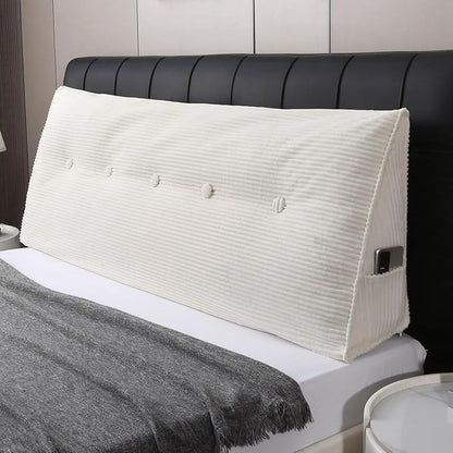 Wedge Headboard Pillow for Bed, Full Dorm Headboard Support for Sitting Up Reading, Relaxing, Removable Washable Corduroy Cover, Polyester and Shredded Foam Filling, White