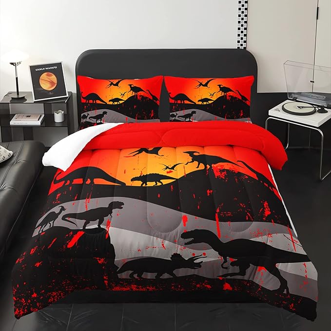 Cartoon Dinosaur Comforter Set Twin 3Pc Kawaii Dinosaur Bedding Set All Season with Tree, Leaf Decoration Includes 1 Comforter, 2 Pillowcases for Kids Girls Teens
