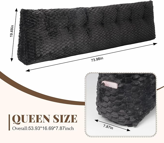 Large Headboard Wedge Pillow, Bed Rest Reading Pillow, Back Support Long Pillow, Bed Bolster Rest Reading Pillow with Removable Cover (Black, King:76 * 20 * 8Inches)