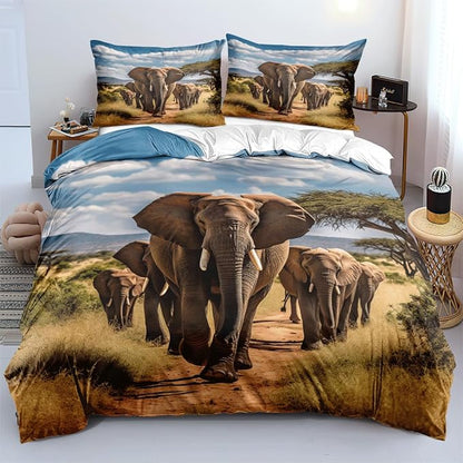 Elephant Duvet Cover Set African Wild Animal Elephant Population Wild Natural Scenery Print Bedding Quilt Set for Kids Boys Girls Teens Living Room Decorative,King