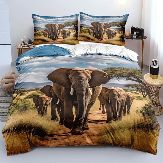 Elephant Duvet Cover Set African Wild Animal Elephant Population Wild Natural Scenery Print Bedding Quilt Set for Kids Boys Girls Teens Living Room Decorative,Queen