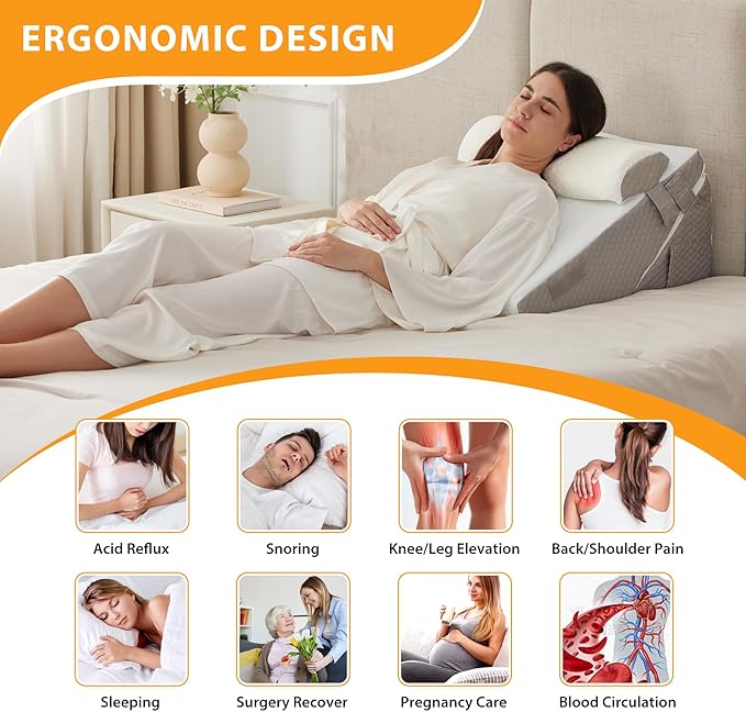 3PCS Wedge Pillow Set for After Surgery, Adjustable 9&12 Inch Bed Wedge Pillow for Sleeping, Incline Pillow Wedge for Headboard, Post Surgery, Acid Reflux, Neck&Back Support, White/Grey