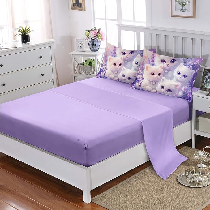 Cat Bedding 7 Piece Comforter Set Full Size,Cute Animal Themed Bed Set for Girls Room Decor,Kids Bedding with 1 Comforter,1 Flat Sheet,1 Fitted Sheet,4 Pillowcases.