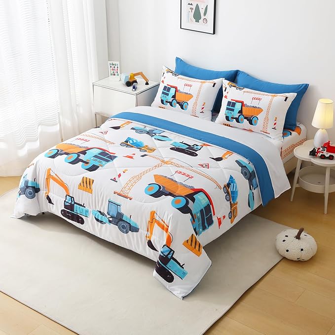 7 Pieces Boys Comforter Set Twin Size Excavator Bedding Set Cartoon Car Kids Bed in a Bag Construction Truck Bedding for Children Kids Boys Teens for Birthday Choice