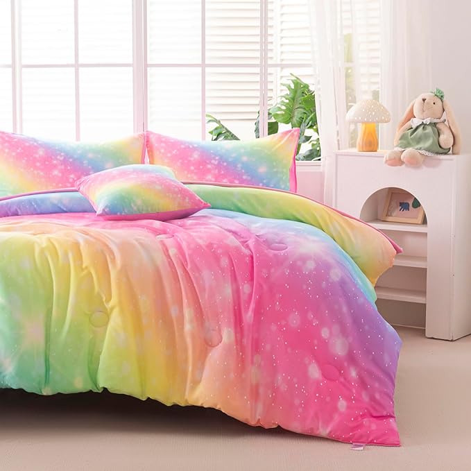 6Pcs Queen Size Comforter Set for Girls Kids, Gradient Colorful Rainbow Girls Bedding Set Queen with Sheets, Soft & Breathable Kids Bed for Gift Bedroom Decor