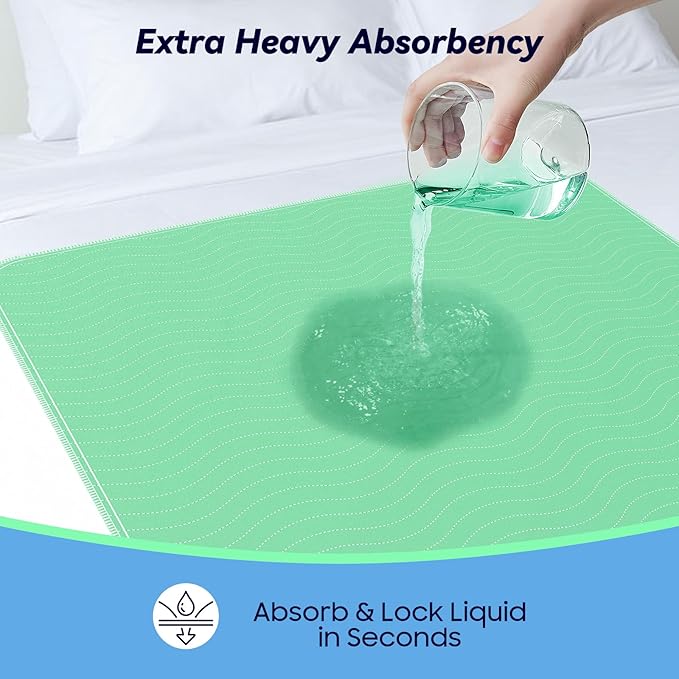 4 Pack 36” x 36” Extra Heavy Absorbency Washable Underpads, Waterproof Quick Drying Nursing Incontinence Reusable Washable Bed Pee Pads for Dogs, Diaper Changing & Adults, Green