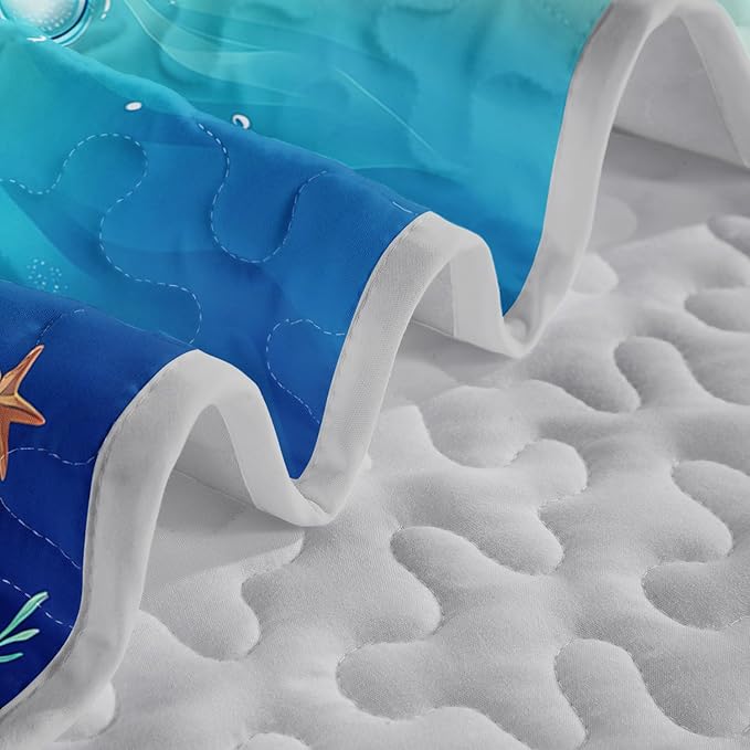 Blue Turtle Quilts Bedding Twin 3Pcs Watercolor Flower Tortoise Bed Set Ocean Animal Coral Seaweed Starfish Pattern Bedspread Coverlet with 2 Pillowcases for Kid Boy Girl Teen Adult Room Decor