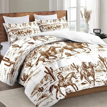 Full Size Comforter Set with 2 Pillowcase, American Desert Cowboy Soft 3 Pcs Bedding for Kids and Adults, Western Vintage Horse Comforter Set for Room Bedroom Bed Decor