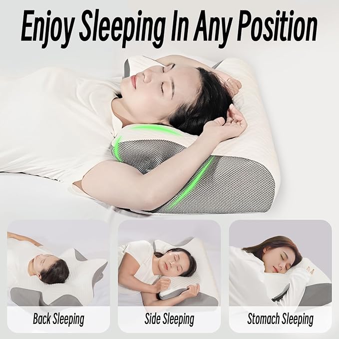 Cervical Pillow for Neck Pain Relief, Ergonomic Contour Orthopedic Pillow for Sleeping Shoulder Pain & Support, Cozy Memory Foam Neck Pillow with Pillowcase for Side Back Stomach Sleeper(Light Grey)