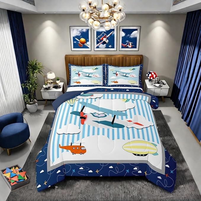 Airplane Kids Bedding Cartoon Aircraft Design Comforter Set Toddler Size Boys Girls Colorful Planes Hot Air Balloon Bed Set Blue and White Sketch Lines Kawaii Clouds Quilt with 1 Pillowcase