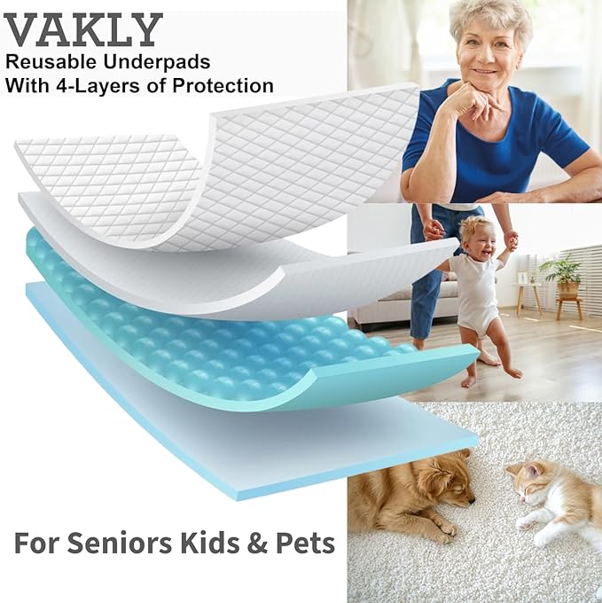 Vakly XL Washable Reusable Underpads 36"x54" Waterproof Absorbent Incontinence Bed Pad [3 Pack] X Large Underpad with Heavy 4-Layer Protection for Beds Sofa & Mattress - for Adults Seniors Kids & Pets