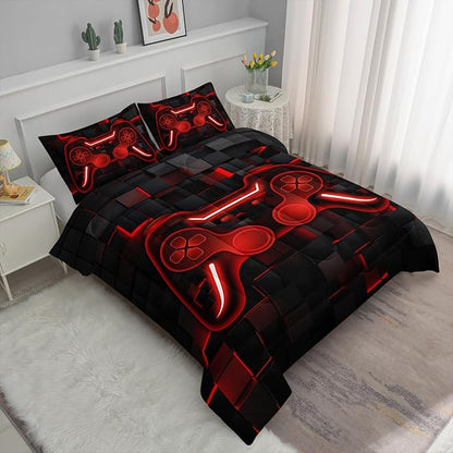 Axolotl Gamepad Comforter Set King Size,Red Grid Print Bedding,Boys Gaming Console Comforter,Video Gaming Controller Bedding for Teens Men Adults,Cool Gamer Bed Set 1 Quilt 2 Pillowcases,Red Black