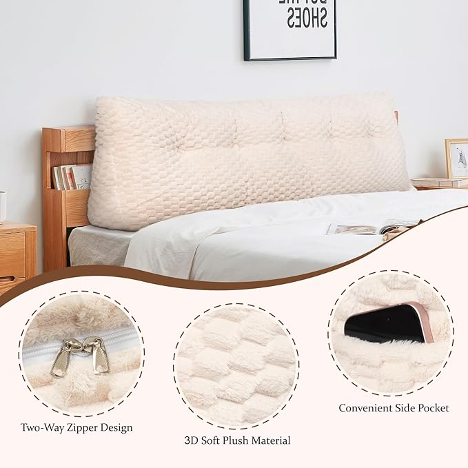 Large Headboard Wedge Pillow, Bed Rest Reading Pillow, Back Support Long Pillow, Bed Bolster Rest Reading Pillow with Removable Cover Beige, Queen:59 * 20 * 8Inches