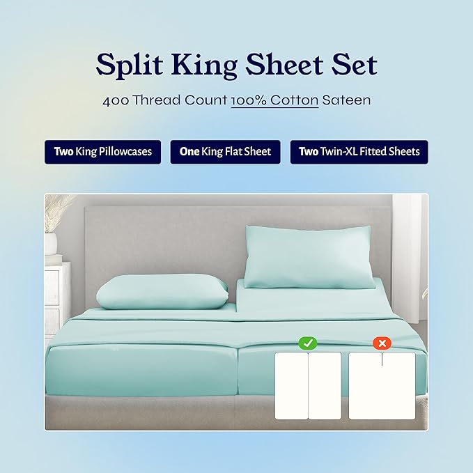 California Design Den Split King Sheets Sets for Adjustable Bed - Soft 400 Thread Count Sateen, Natural 100% Cotton Sheets with Deep Pockets, Breathable, and Durable Bedding Set - Seafoam