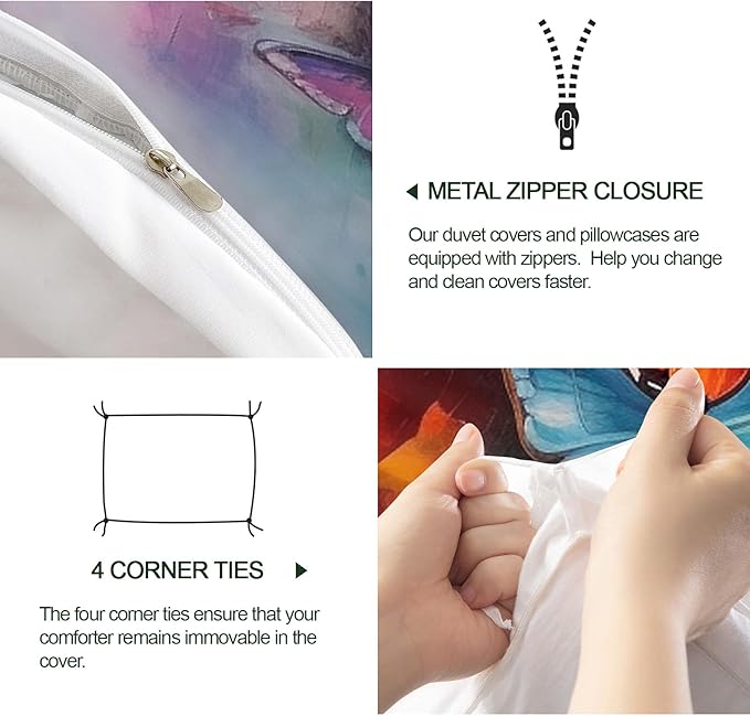 Colorful Butterfly Duvet Cover Twin Size, Oil Painting Butterfly Bedding Set 2 Piece Kids and Adults Graffiti Art Comforter Cover and 1 Pillow Sham with Zipper Closure