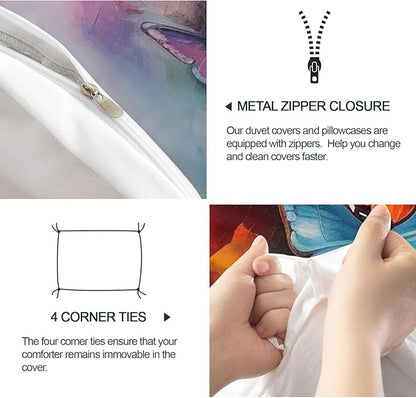 Colorful Butterfly Duvet Cover Queen Size, Oil Painting Butterfly Bedding Set 3 Piece Bedroom Decor Graffiti Art Comforter Cover and 2 Pillow Sham with Zipper Closure