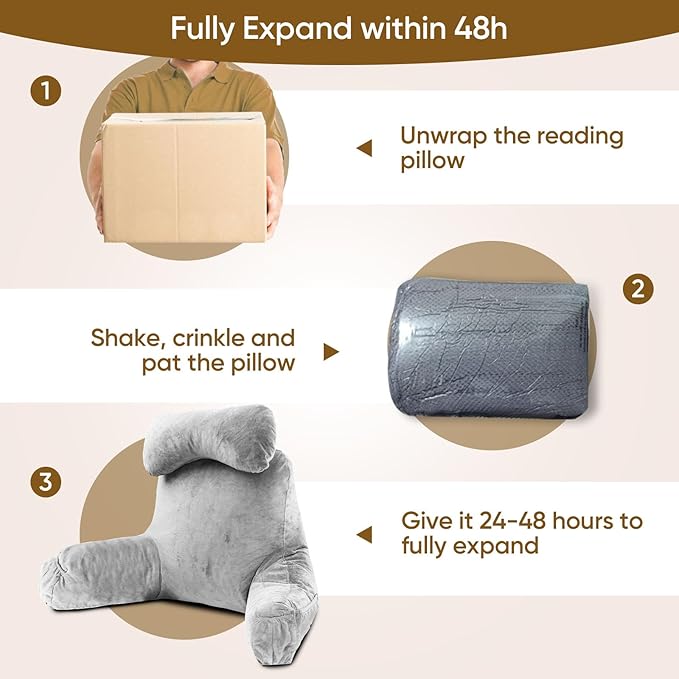 Reading Pillow for Sitting in Bed Adult, Reading Pillow with Shredded Memory Foam (LightGery, Extra Large 25" H)