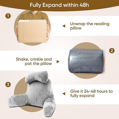 Reading Pillow for Sitting in Bed Adult, Reading Pillow with Shredded Memory Foam (LightGery, Extra Large 25" H)