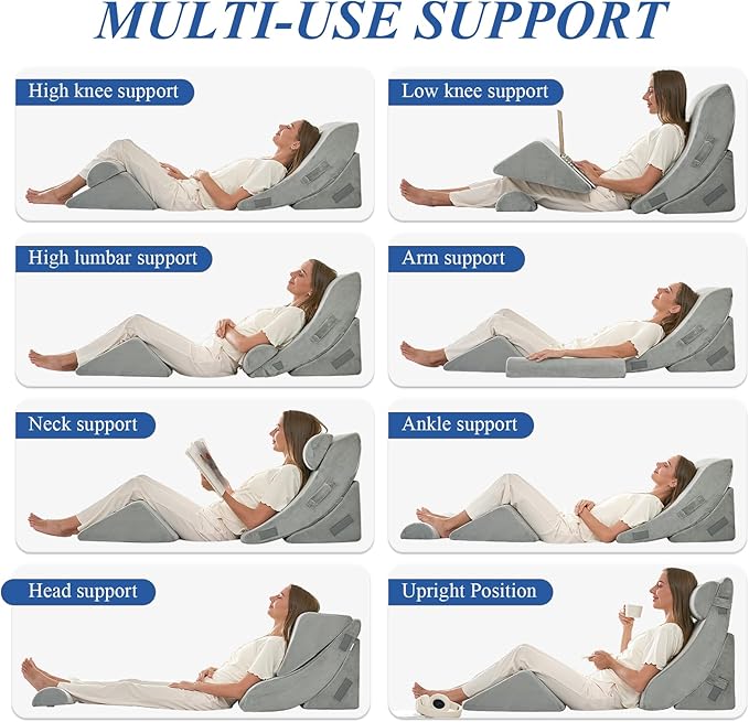 4PCS Orthopedic Bed Wedge Pillow Set, Post Surgery 45D Memory Foam for Back, Neck, and Leg Pain Relief Pleasing & Adjustable Support Pillows-Ease Acid Reflux & GRED with Better Sleep, Light Grey