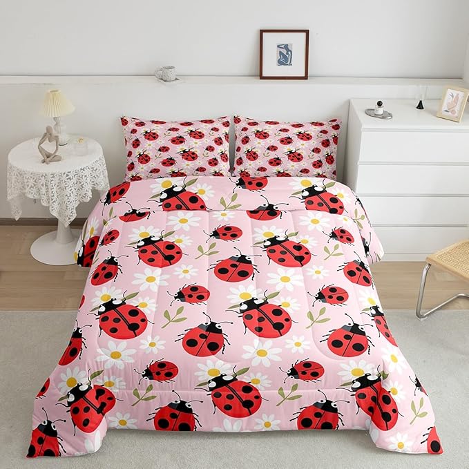 Cute Ladybug Comforter Set Queen Size Cartoon Dasiy Flower Bedding Set Kids Boys Girls Wild Animal Theme All Season Quilt Set Green Botanical Leaves Bedding Comforter Sets,3Pcs