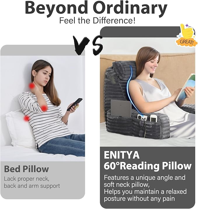ENITYA 19” Back Pillow for Bed Sitting up, Built-in Armrests & Big Pockets, Back Support Chair Pillow for Sitting up/Watching TV/Reading/Gaming/Resting/Post Surgery/Nursing