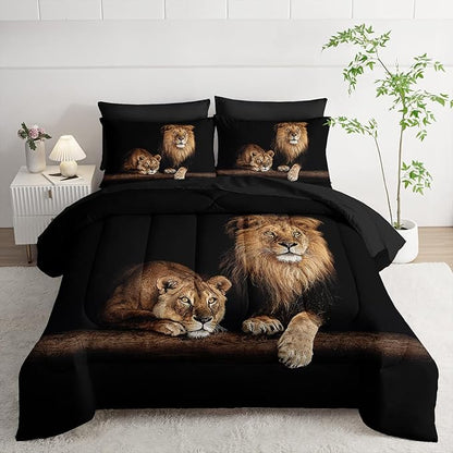 Lion Comforter Set 7 Piece Queen Size Bed in A Bag,Animal Bedding for Room Decor,Lion Comforter Tropical African Animal 3D Print Bedding with Fitted Sheet,Flat Sheet, Pillowcases & Shams