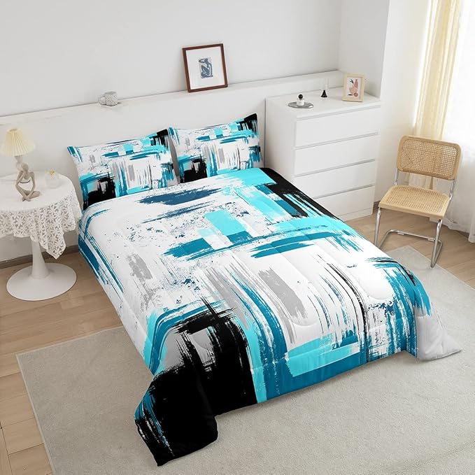 Abstract Comforter Set for Girls Boys Kids Modern Abstract Art Comforter Room Decorative Teal Blue White Black Bedding Set Luxury Duvet Set Toddler Size 2Pcs Comforter Inner Fill