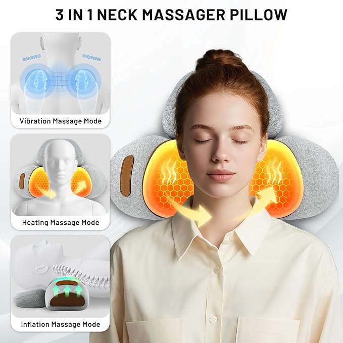 3-in-1 Neck Massager Pillow - Cervical Pillow Massage Neck Hump for Shoulder Pain Relief, Back Shoulder Massager with Kneading, Shiatsu Kneading Massage with Heating, Traction Function, Hump Corrector
