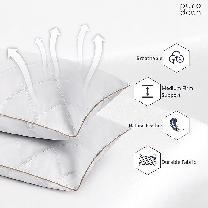 puredown® Goose Feathers and Down Pillow with Diamond Quilting with 100% Cotton Cover, Pack of 1, Standard Size