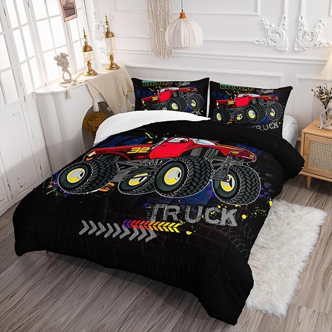 AILONEN Trucks Comforter Set Twin Size, Monster Trucks Bedding Set for Boys Teens,Extreme Sports Theme Bed in a Bag Duvet Set,1 Quilt and 2 Pillowcases,3 Pcs