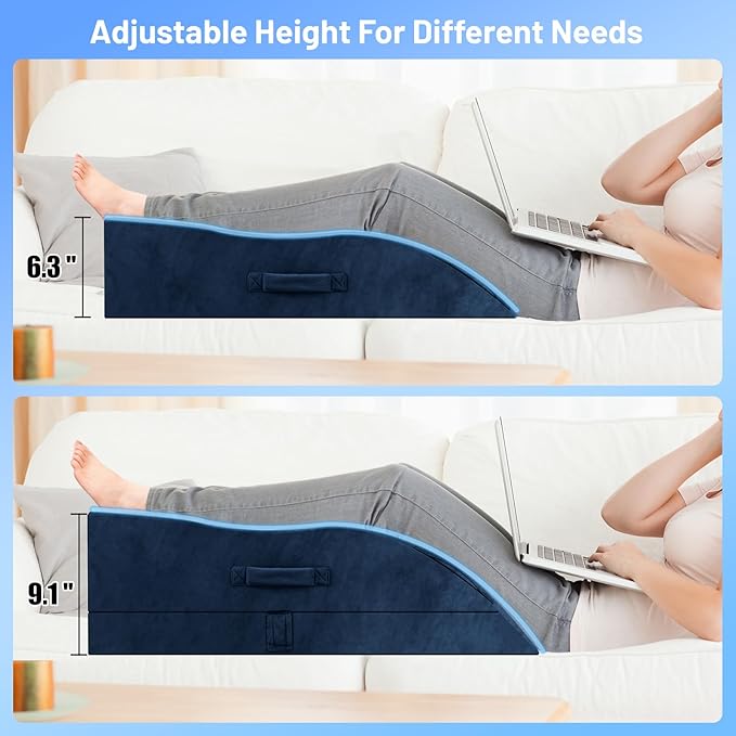 Double Leg Elevation Pillows, Wedge Pillow for After Surgery, Memory Foam Support Adjustable, Comfort Care for Back Knee Hip Ankles Pain, Knee Pillow for Sleeping Blood Circulation Blue