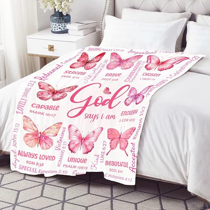 Christian Blanket, Butterfly Throw Blanket for Women Mom Girl,Catholic Gifts,Inspirational Faith Prayer Quilt with Bible Verse Scripture,Soft Flannel, Pink, 40" x 50"