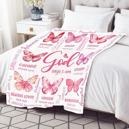 Christian Blanket, Butterfly Throw Blanket for Women Mom Girl,Catholic Gifts,Inspirational Faith Prayer Quilt with Bible Verse Scripture,Soft Flannel, Pink, 40" x 50"