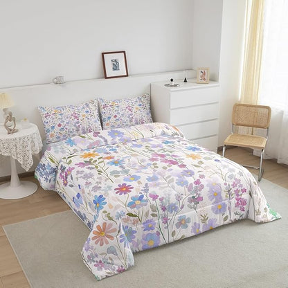 Erosebridal Cute Blue Floral Twin Comforter Set for Kids Girls Boys,Colorful Boho Flowers Bedding Set Rustic Country Home Decor,Watercolor Flower Quilt Bed Set Wildflower Bed Comforter Set 2Pcs