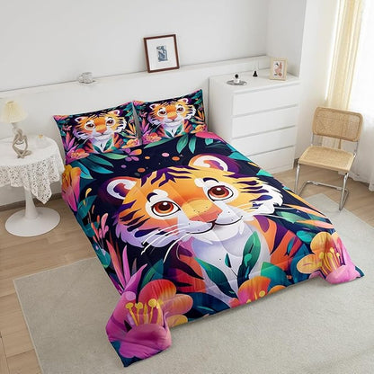 Tropical Tiger Bedding Set King Size Cute Jungle Animal Comforter for Child Teens Watercolor Blooming Flowers Down Comforter Green Leaves Duvet Insert with 2 Pillowcases