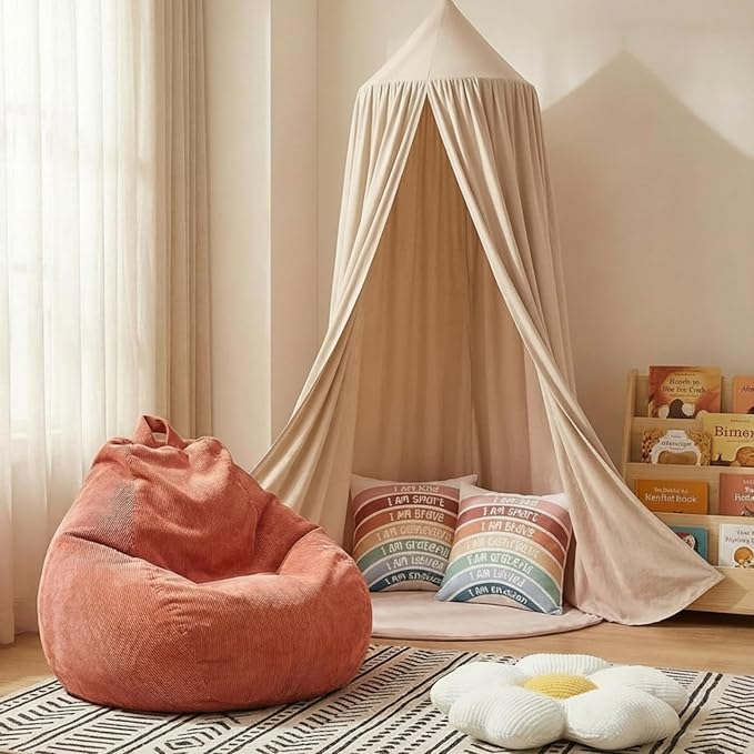 5 Piece Reading Nook Set for Kids, Kids Reading Corner Decor Bundle with Bean Bag Chair Cover & Throw Pillow Covers, Bed Canopy and Flower Pillow for Bedroom Playroom, Nursery, Indoor Decor