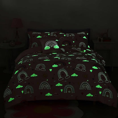 Glow in The Dark Kids Comforter Set Full Size for Girls, Pink Rainbow Bedding Set 1 Comforter, 1 Decor Pillow, 2 Pillow Shams