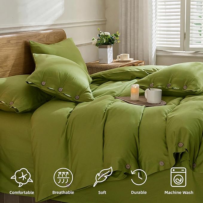 JELLYMONI Christmas Duvet Cover Queen Size - Avocado Green Comforter Cover with Button 100% Washed Cotton 3PCS Breathable Soft Solid Bedding Set Duvet Cover 90×90in & 2 Pillowcases (NO Comforter)