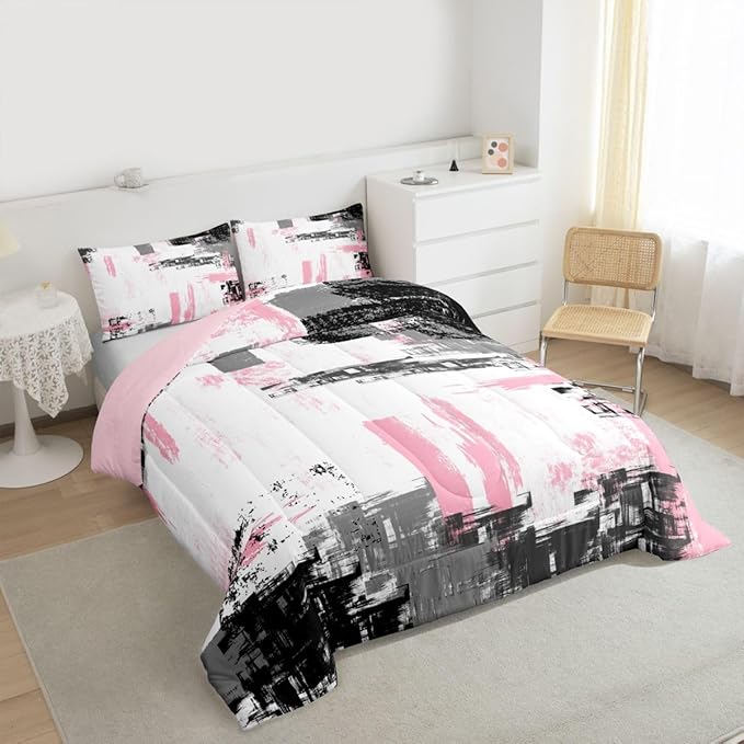 Feelyou Abstract Bedding Set Kids Modern Abstract Art Comforter Set Pink White Black Comforter for Boys Room Decor Lightweight Retro Duvet Set Full Size with 2 Pillow Case