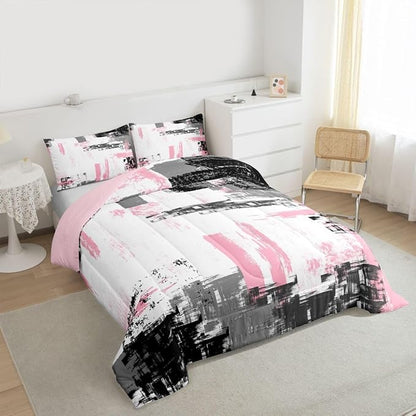 Feelyou Abstract Bedding Set Kids Modern Abstract Art Comforter Set Pink White Black Comforter for Boys Room Decor Lightweight Retro Duvet Set King Size with 2 Pillow Case