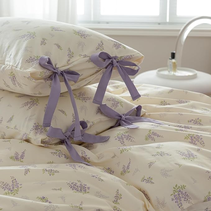 AOJIM Purple Floral Print Duvet Cover Queen Size for Room Decor, Vintage Style Cotton Kids Adults Comforter Cover Set, 1 Soft Quilt Cover 68x86'' and 2 Pillowcases 20x26'' with Bowknot, No Comforter