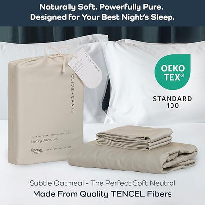 Olive + Crate Tencel Eucalyptus Cooling Duvet Cover Set - Hypoallergenic, Lyocell Tencel Duvet Cover - Soft, Temperature Regulating with Hidden Button Closure & Corner Ties - California King [Oatmeal]