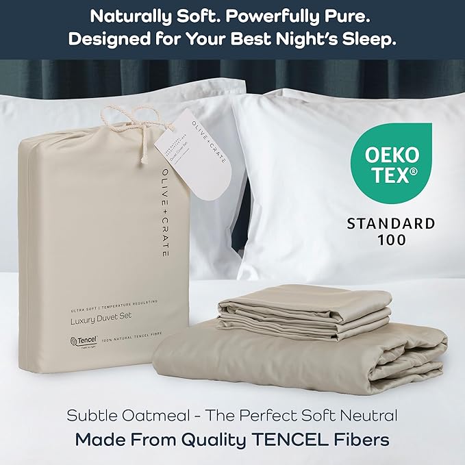 Olive + Crate Tencel Eucalyptus Cooling Duvet Cover Set - Hypoallergenic, Lyocell Tencel Duvet Cover - Soft, Temperature Regulating with Hidden Button Closure & Corner Ties - Oversized King [Oatmeal]