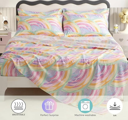 SDY 7PCS Rainbow Bedding Set Queen Bed in A Bag Set 7 Piece Mermaid Bedding for Kids,Boys and Girls with Rainbow Comforter Queen and Mermaid Sheets