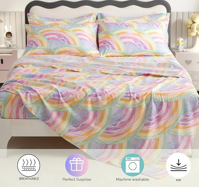 SDY 7PCS Rainbow Comforter Set Full Size Cute Printed Comforter Sets Bed in a Bag for Toddler,Girls Boys and Kids, with Comforter, Flat Sheet, Fitted Sheet and Pillowcases & Shams