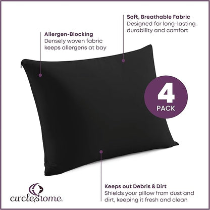 CirclesHome Pillow Protectors 4 Pack Standard Zippered - 100% Cotton Breathable Pillowcases - Protects Pillows from Dirt, Dust and Debris (Standard - Set of 4 - 20x26)