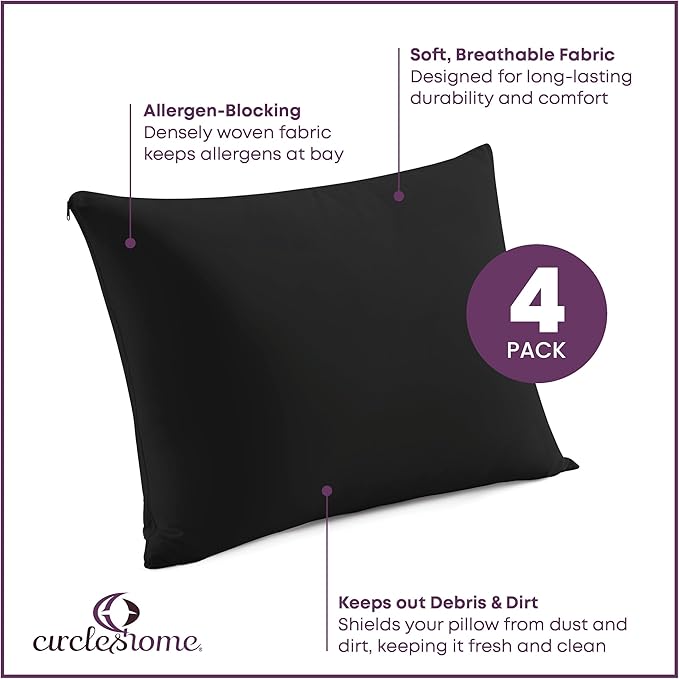 CirclesHome Pillow Protectors 4 Pack King Zippered - 100% Cotton Breathable Pillowcases - Protects Pillows from Dirt, Dust and Debris (King - Set of 4 - 20x36)