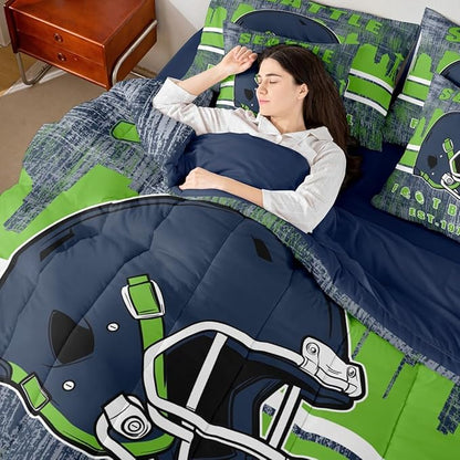 Erosebridal Football City Bedding Set Classic Sports Helmet Boys Bed in A Bag Queen, Rugby Fans Comforter Sets with Sheets for Boys Gridiron Seasonal Bed Set Navy Green Room Decor